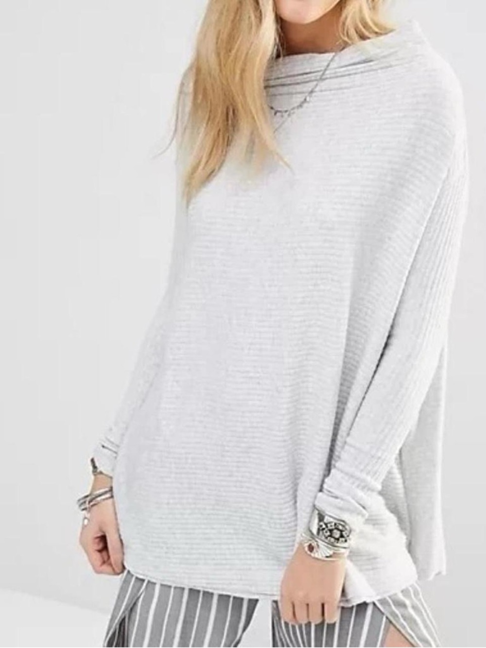 We The Free Light Gray Ribbed Cowl-Neck Sweater